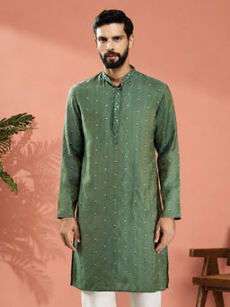 Vastramay - Men Mehendi Green Silk Blend Embroidered Long Kurta