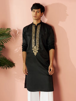 Vastramay - Men Black Silk Blend Yoke Embroidered Kurta
