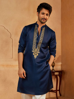 Vastramay - Men Navy Blue Silk Blend Yoke Embroidered Kurta