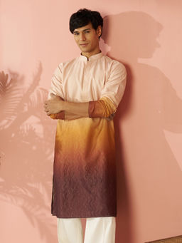 Vastramay - Men Brown Silk Blend Ombre Printed Long Kurta