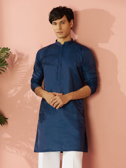 Vastramay - Navy Blue Men Silk Solid Kurta