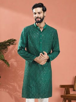 Vastramay - Men Bottle Green Silk Blend Mirror Work Long Kurta