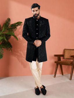 Vastramay - Men Black Velvet Embroidered Indo-Western Sherwani with Kurta and Pant