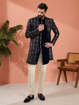 Vastramay - Men Navy Blue Velvet Embroidered Indo-Western Sherwani with Kurta and Pant