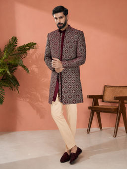 Vastramay - Men Maroon Velvet Embroidered Indo-Western Sherwani with Kurta and Pant