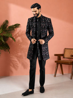 Vastramay - Men Black Velvet Embroidered Indo-Western Sherwani with Kurta and Pant