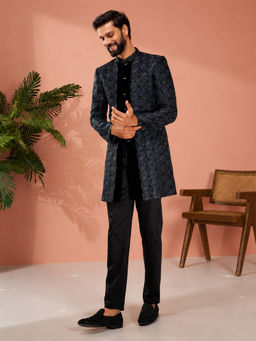 Vastramay - Men Grey Velvet Embroidered Indo-Western Sherwani with Kurta and Pant
