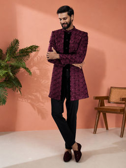 Vastramay - Men Wine Velvet Embroidered Indo-Western Sherwani with Kurta and Pant