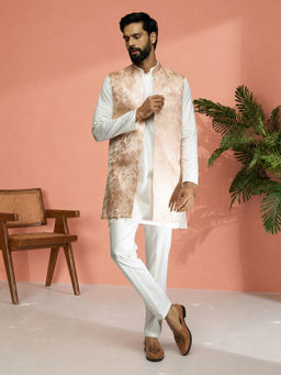 Vastramay - White Brocade Silk Nehru Jacket with Kurta and Pant
