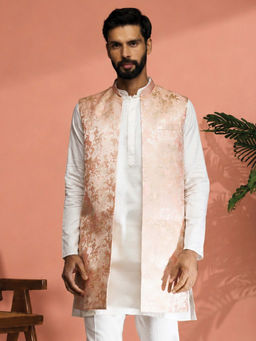 Vastramay - Mens Jacquard Weave Peach Brocade Silk Nehru Jacket