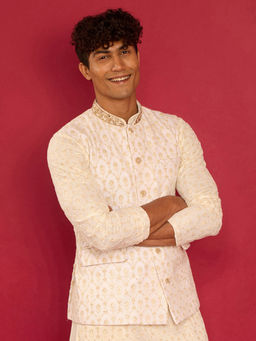 Vastramay - Mens Cream Embroidered Georgette Nehru Jacket