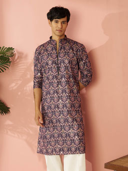 Vastramay - Men Purple Silk Blend Foil Print Kurta