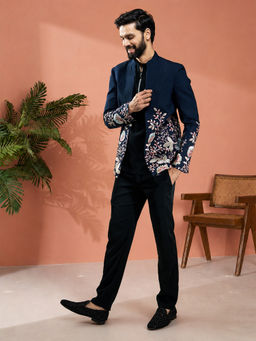 Vastramay - Men Navy Blue Silk Blend Embroidered Jodhpuri With Pant & Kurta