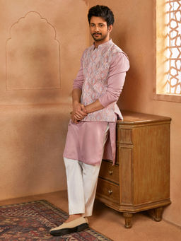 Vastramay - Men Peach Silk Blend Thread Embroidered Kurta and Pyjama with Nehru Jacket