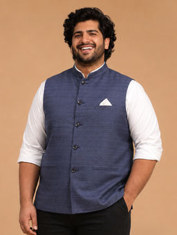 Vastramay - Men Navy Blue Silk Blend Solid Nehru Jacket