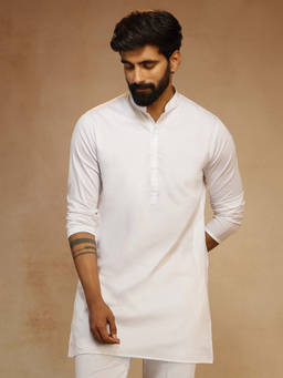 Vastramay - Men White Satin Solid Mid Length Kurta