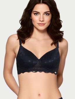 Enamor - Women The Balconette Lightly Padded Jacquard with Lace Fabric Black T-Shirt Bra
