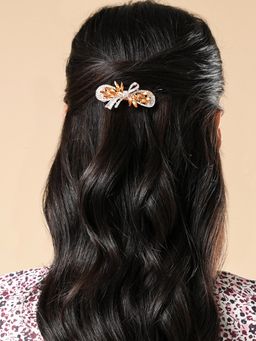 Yellow Chimes - Women Gold-Toned & White Embellished French Barrette Hairclip