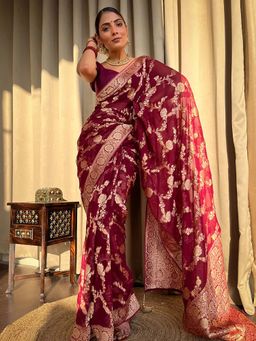AMRUTKALA SAREES - Maroon Designer Banarasi Silk Kanjivaram Saree with Unstitched Blouse