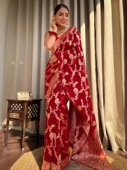 AMRUTKALA SAREES - Red Designer Banarasi Silk Kanjivaram Saree with Unstitched Blouse