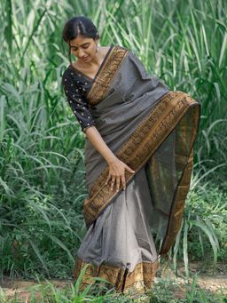 AMRUTKALA SAREES - Grey Designer Banarasi Silk Kanjivaram Saree with Unstitched Blouse