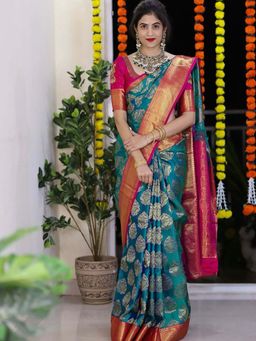 AMRUTKALA SAREES - Teal Designer Banarasi Silk Kanjivaram Saree with Unstitched Blouse