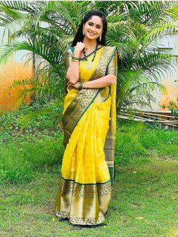 AMRUTKALA SAREES - Yellow Designer Banarasi Silk Kanjivaram Saree with Unstitched Blouse