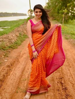 AMRUTKALA SAREES - Orange Designer Banarasi Silk Kanjivaram Saree with Unstitched Blouse