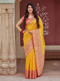 AMRUTKALA SAREES - Yellow Designer Banarasi Silk Kanjivaram Saree with Unstitched Blouse