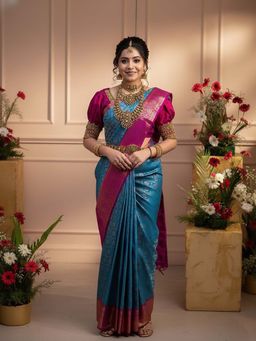 AMRUTKALA SAREES - Teal Designer Banarasi Silk Kanjivaram Saree with Unstitched Blouse