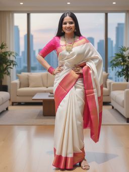 AMRUTKALA SAREES - White Designer Banarasi Silk Kanjivaram Saree with Unstitched Blouse