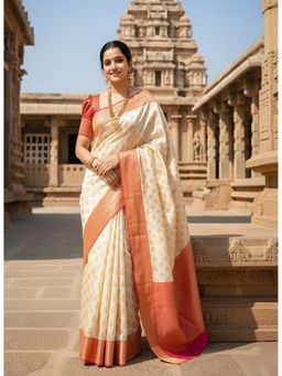 AMRUTKALA SAREES - Cream Designer Banarasi Silk Kanjivaram Saree with Unstitched Blouse