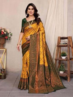 AMRUTKALA SAREES - Yellow Designer Banarasi Silk Kanjivaram Saree with Unstitched Blouse