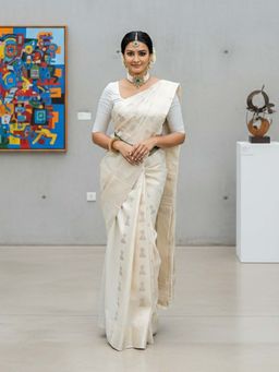 AMRUTKALA SAREES - White Designer Banarasi Silk Kanjivaram Saree with Unstitched Blouse