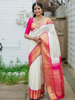 AMRUTKALA SAREES - White Designer Banarasi Silk Kanjivaram Saree with Unstitched Blouse