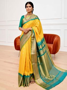 AMRUTKALA SAREES - Yellow Designer Banarasi Silk Kanjivaram Saree with Unstitched Blouse
