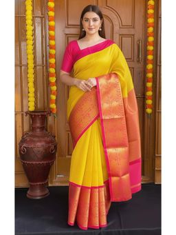 AMRUTKALA SAREES - Yellow Designer Banarasi Silk Kanjivaram Saree with Unstitched Blouse