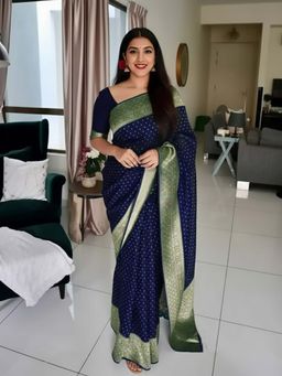 AMRUTKALA SAREES - Navy Blue Designer Banarasi Silk Kanjivaram Saree with Unstitched Blouse