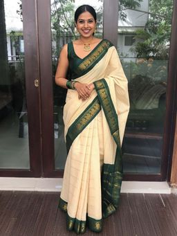 AMRUTKALA SAREES - Cream Designer Banarasi Silk Kanjivaram Saree with Unstitched Blouse