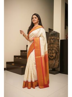 AMRUTKALA SAREES - Beige Designer Banarasi Silk Kanjivaram Saree with Unstitched Blouse