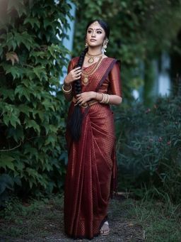 AMRUTKALA SAREES - Maroon Designer Banarasi Silk Kanjivaram Saree with Unstitched Blouse