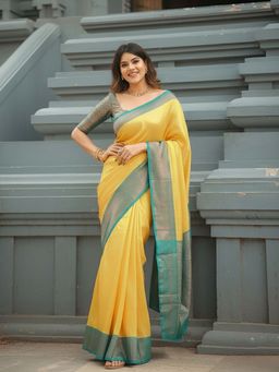 AMRUTKALA SAREES - Yellow Designer Banarasi Silk Kanjivaram Saree with Unstitched Blouse