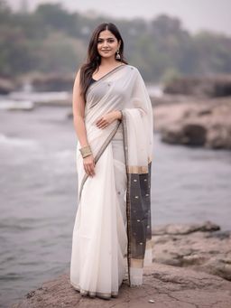 AMRUTKALA SAREES - White Designer Cotton Silk Kanjivaram Saree with Unstitched Blouse