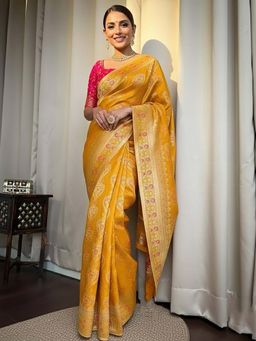 AMRUTKALA SAREES - Yellow Designer Banarasi Silk Kanjivaram Saree with Unstitched Blouse