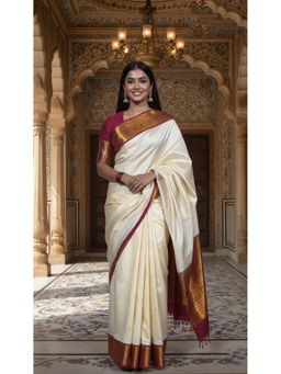 AMRUTKALA SAREES - Cream Designer Banarasi Silk Kanjivaram Saree with Unstitched Blouse