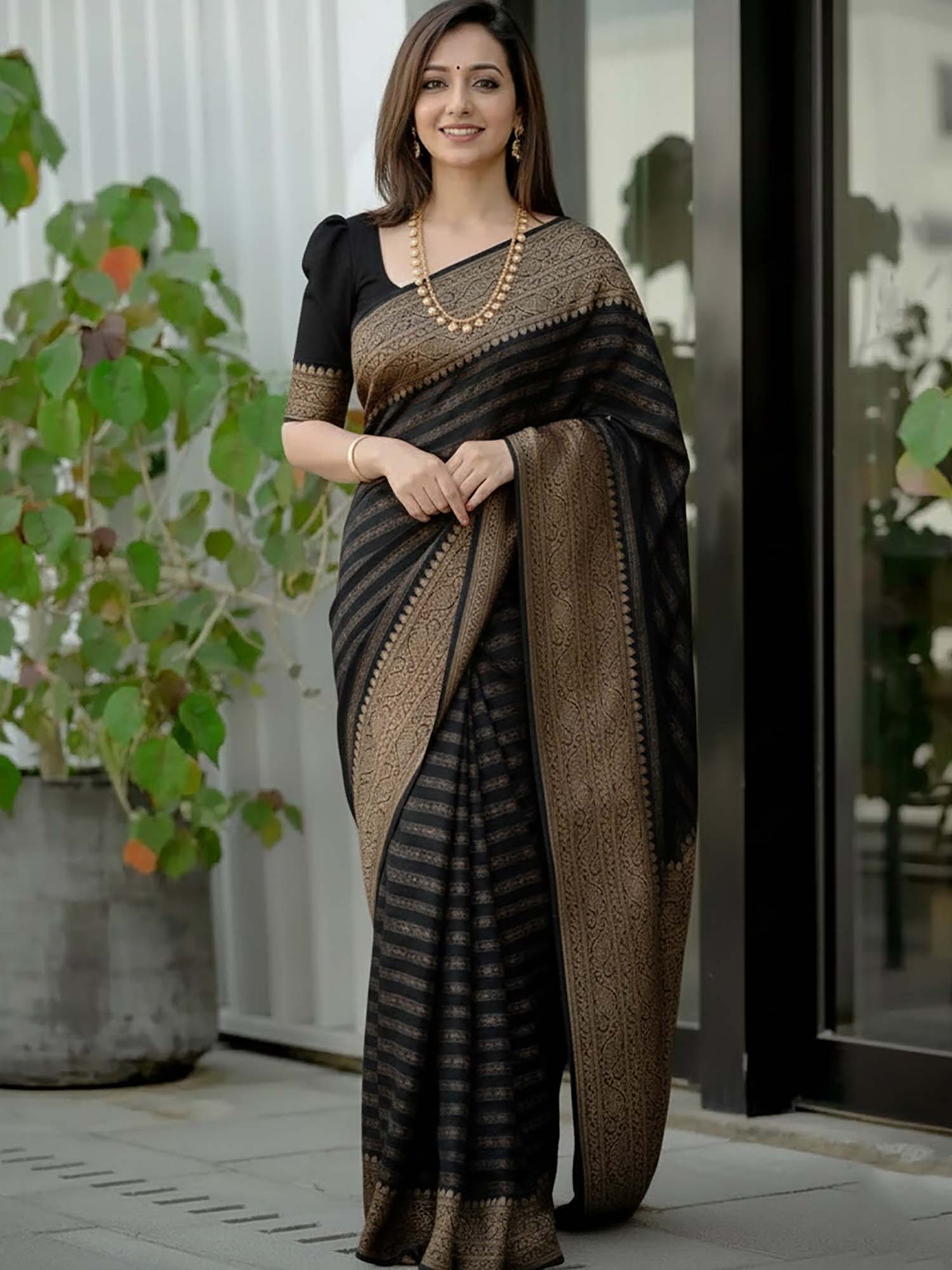Black Designer Banarasi Silk Kanjivaram Saree with Unstitched Blouse-image-10
