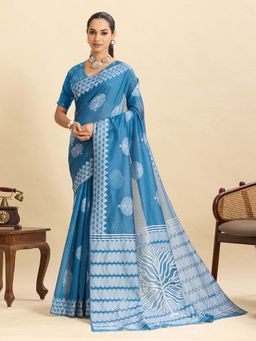 AMRUTKALA SAREES - Blue Designer Silk Printed Saree with Unstitched Blouse