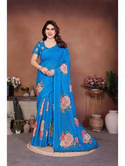 AMRUTKALA SAREES - Blue Designer Cotton Silk Printed Saree with Unstitched Blouse
