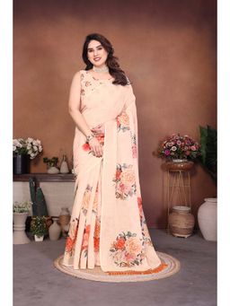 AMRUTKALA SAREES - Cream Designer Cotton Silk Printed Saree with Unstitched Blouse