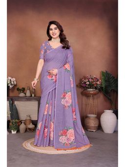 AMRUTKALA SAREES - Purple Designer Cotton Silk Printed Saree with Unstitched Blouse